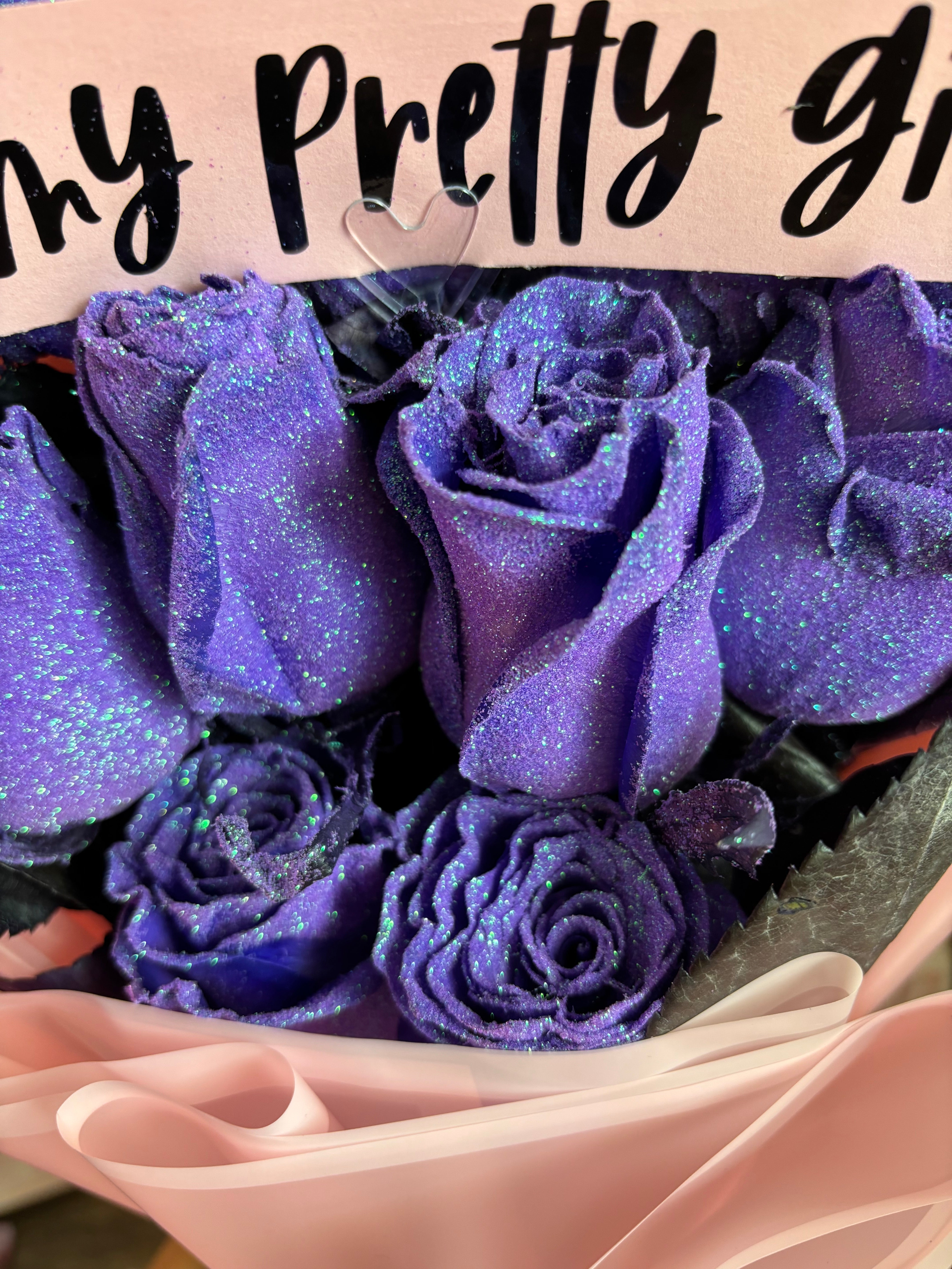 12 lavender glitter roses with customized phrase 💜