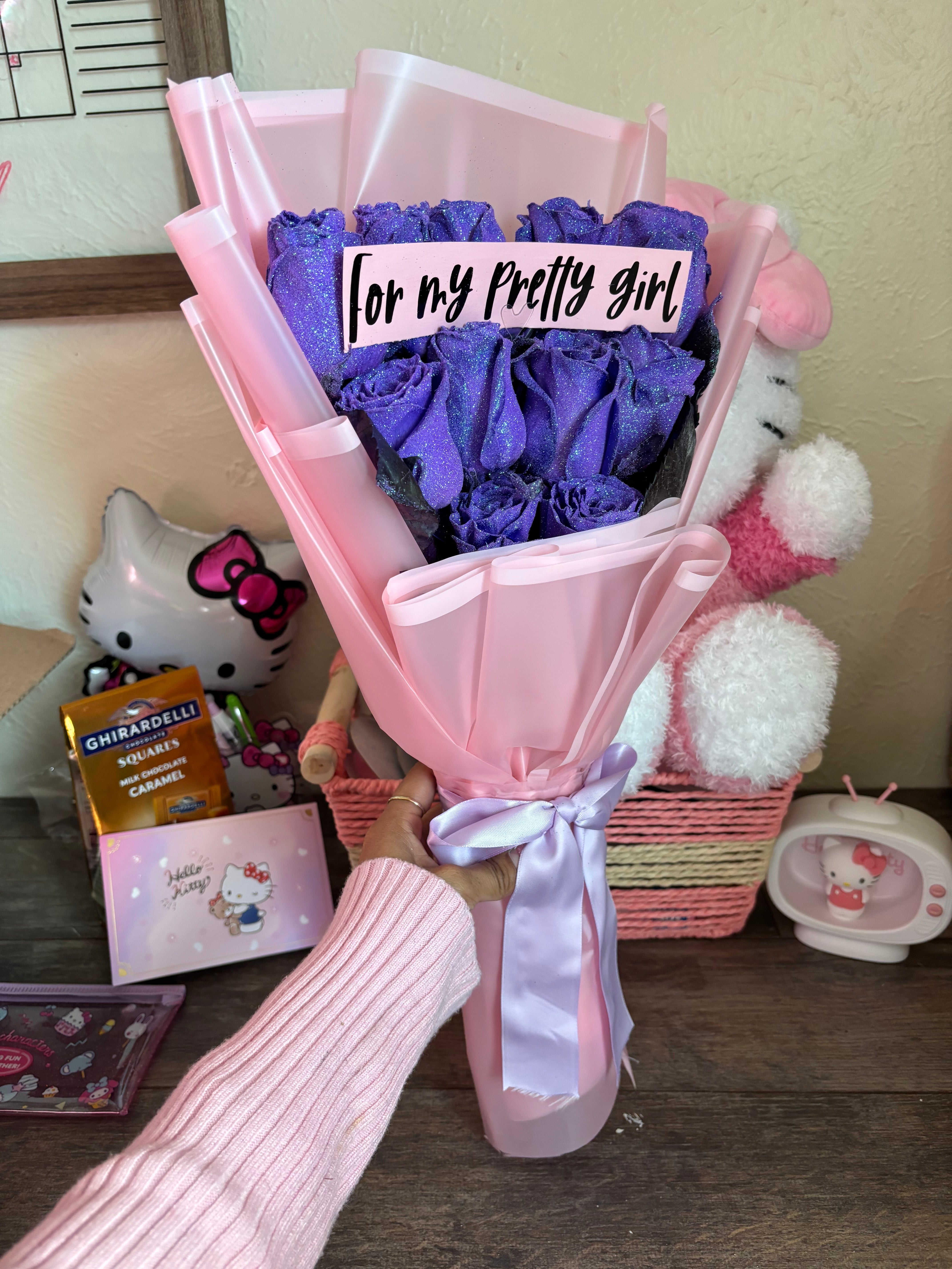 12 lavender glitter roses with customized phrase 💜