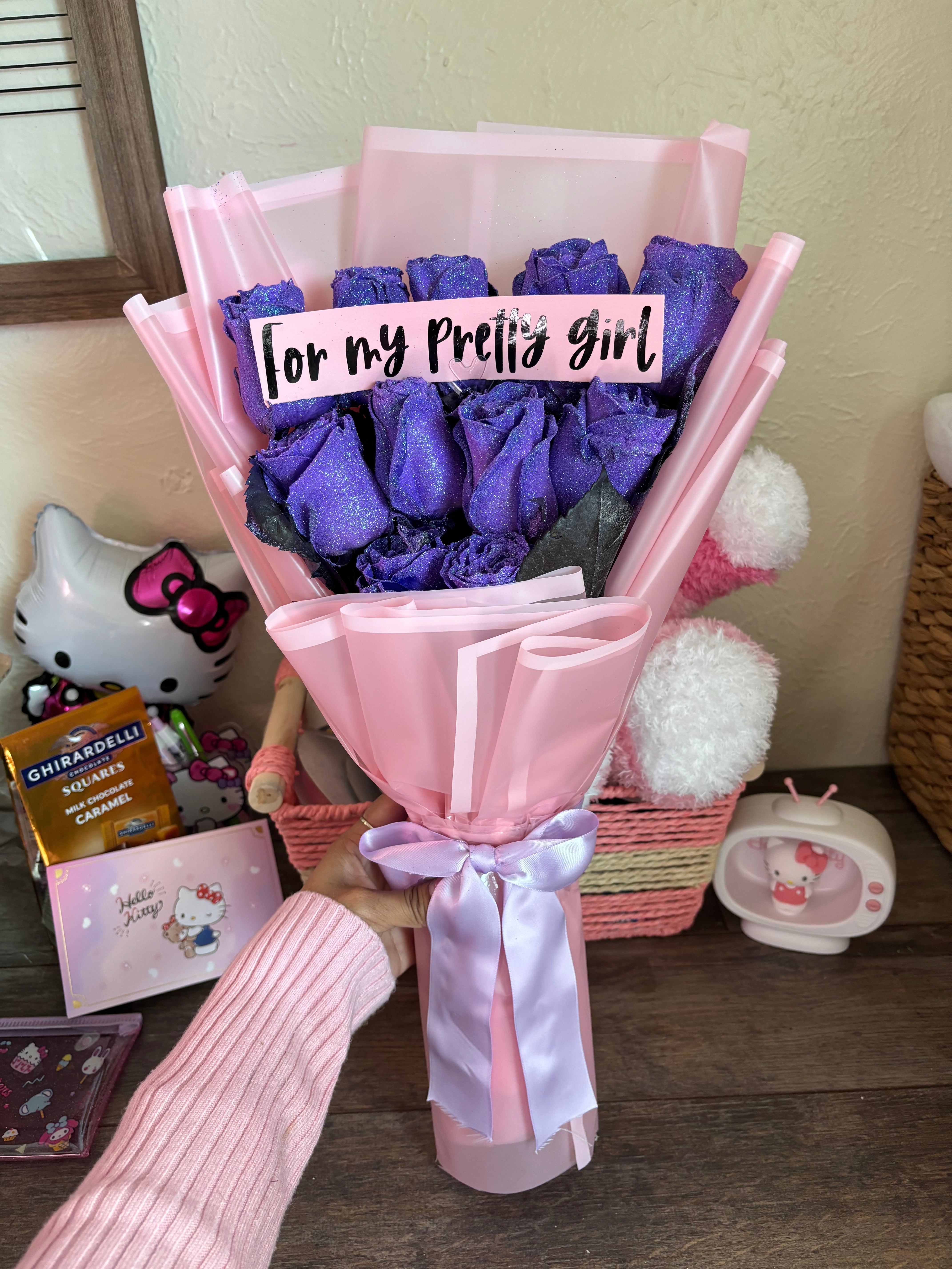 12 lavender glitter roses with customized phrase 💜