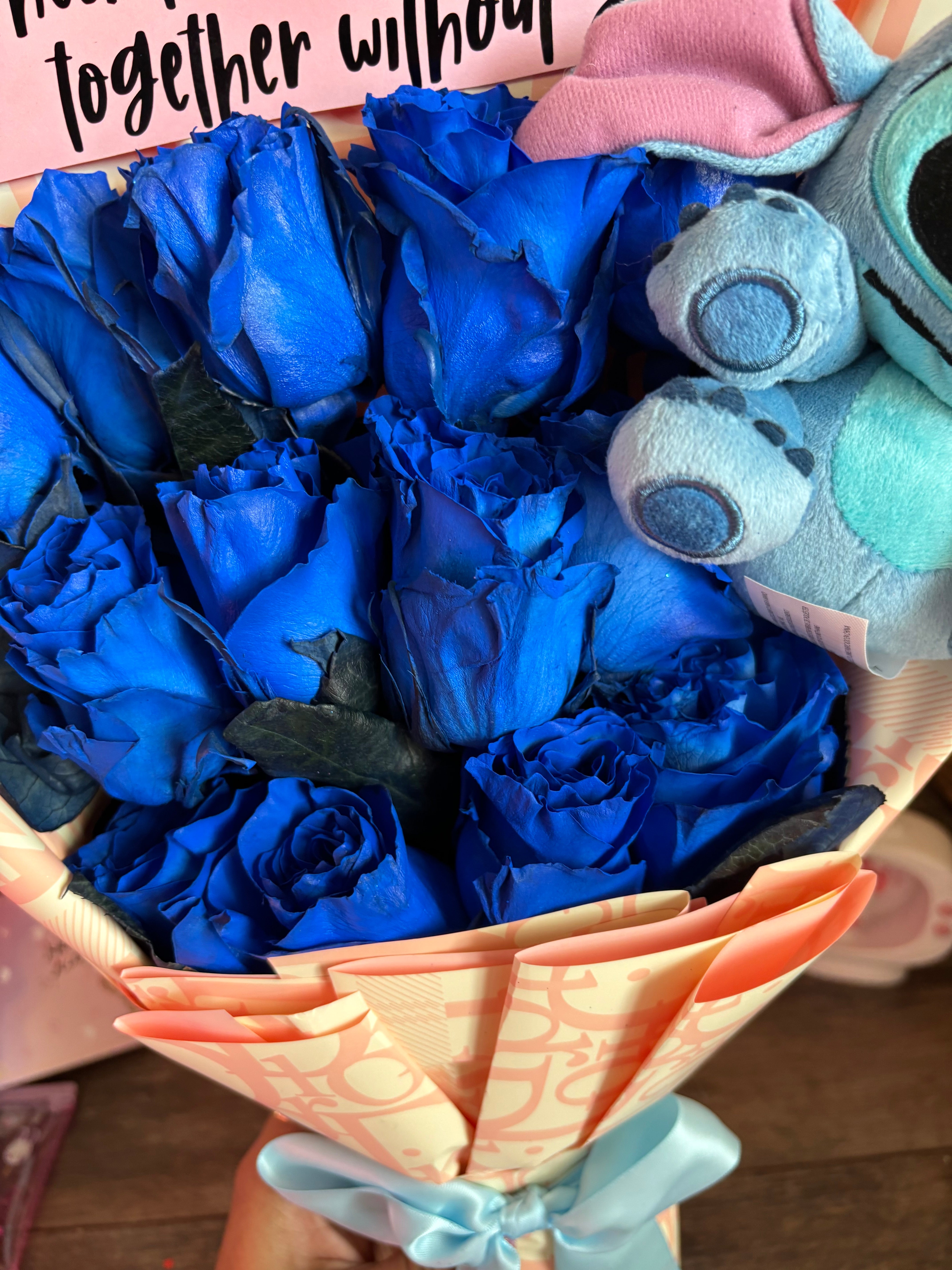 Royal blue roses + mini stitch plush + customized phrase