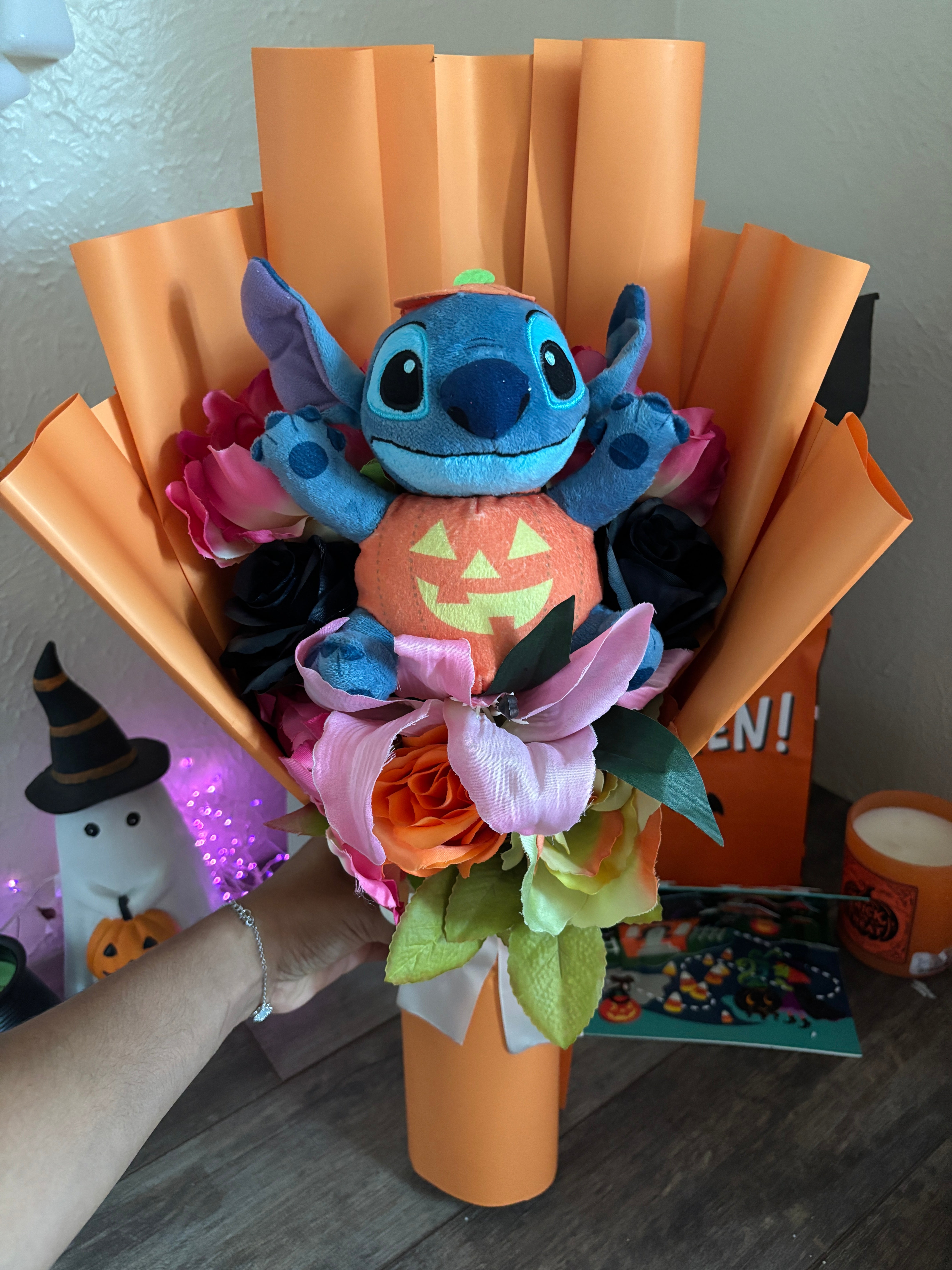 Pumpkin stitch Orange wrapped bouquet