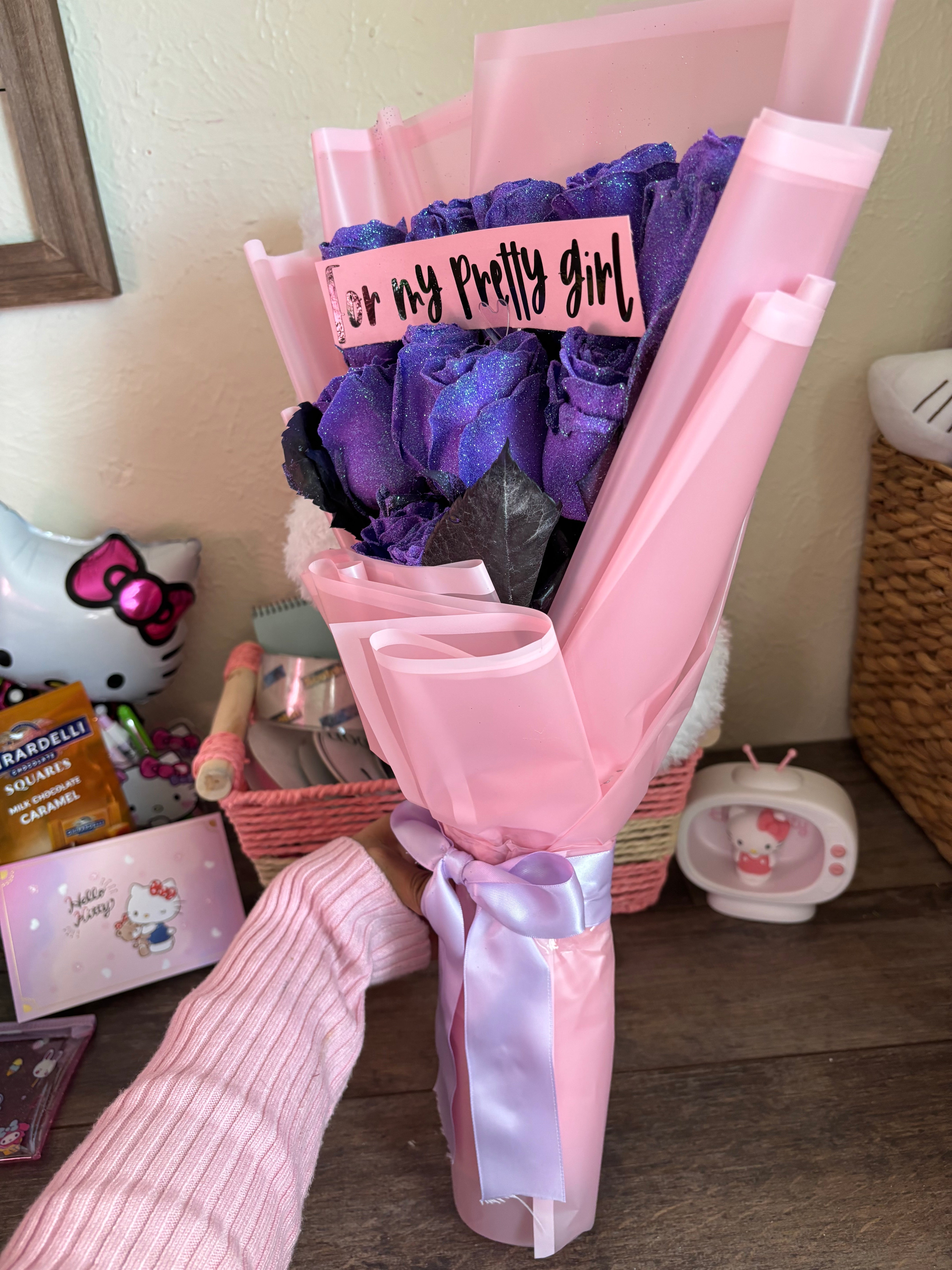 12 lavender glitter roses with customized phrase 💜