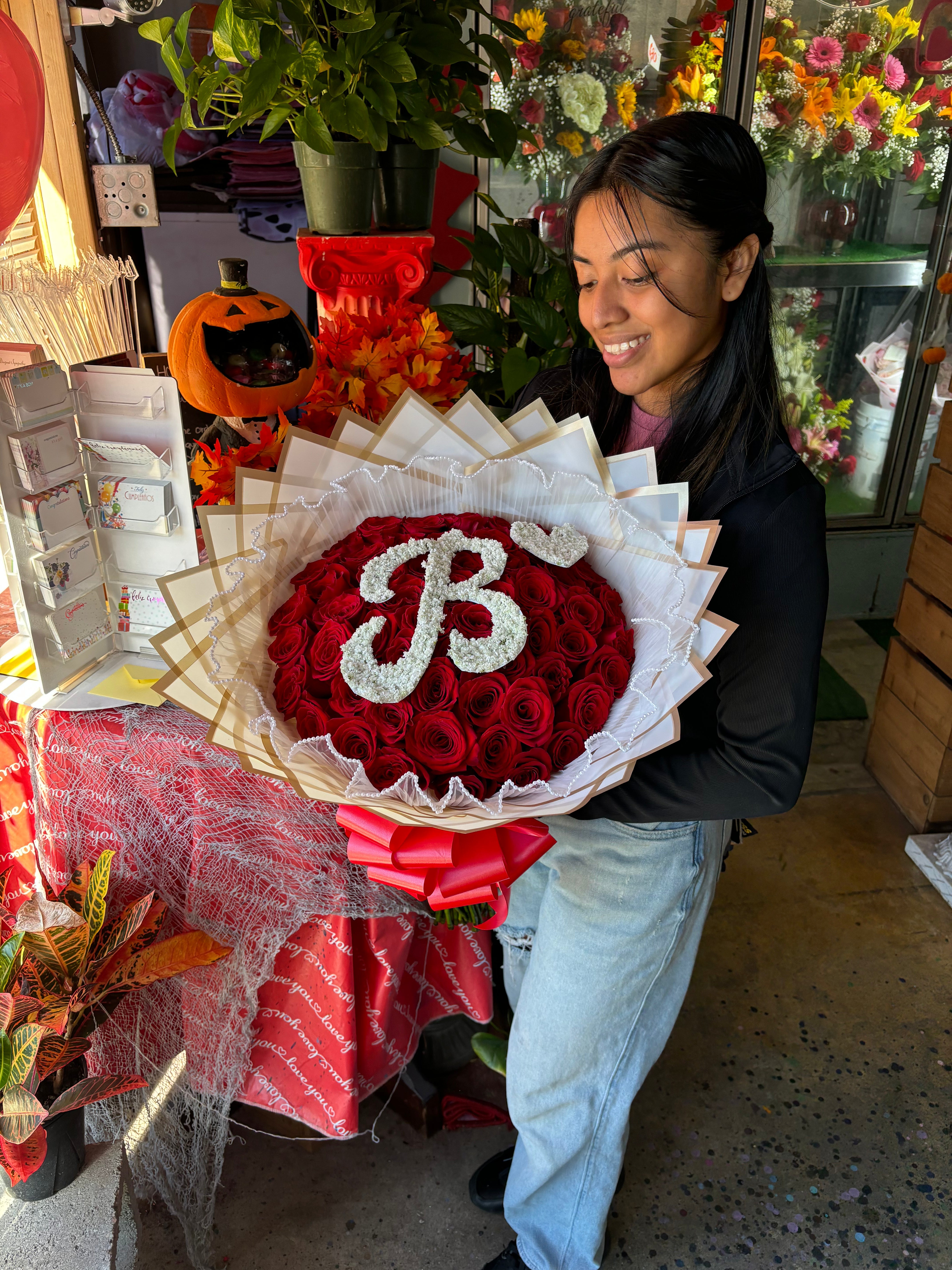 50 Red roses with Initial babysbreath Letter ♥️