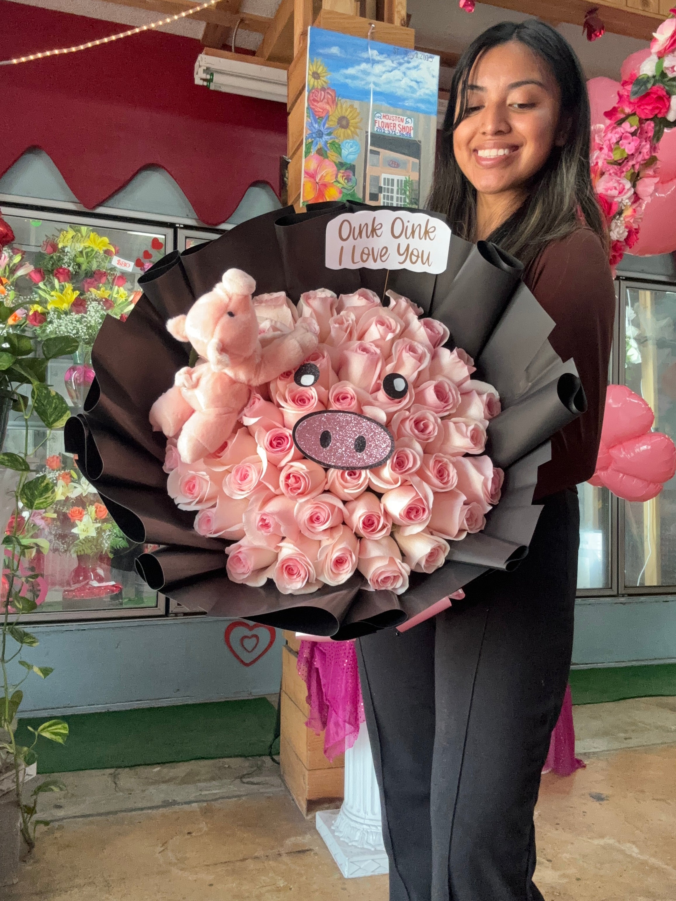 50 rose pink piggy bouquet 🐽💞